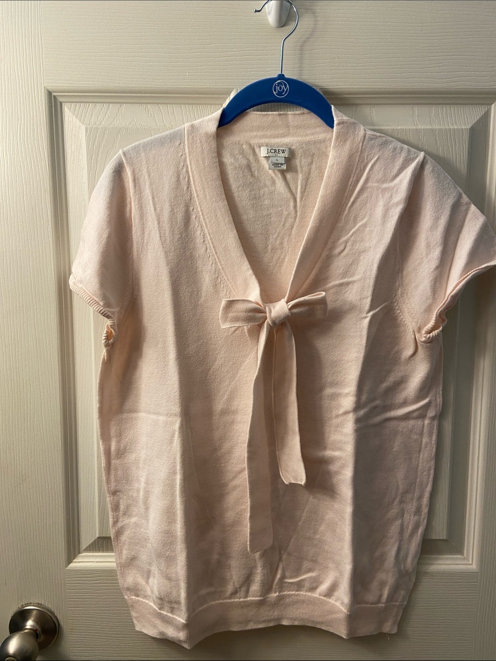 J. Crew Pale Pink Tie-Neck Short Sleeve Knit Top